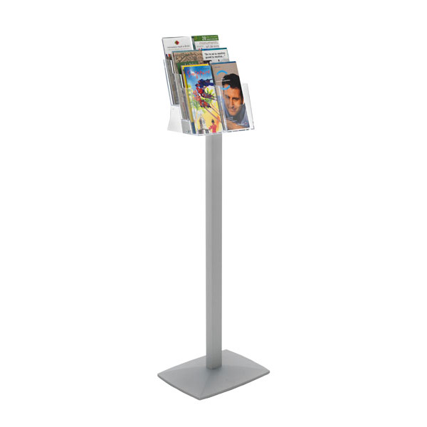 Porte-brochures/revues plexiglass-cristal sur pied GRIS 8 cases 1/3 A4