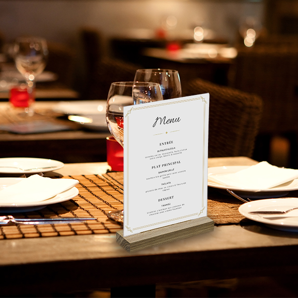 Porte Visuel/Menu Prémium plexi A4 vertical socle bois Chene massif