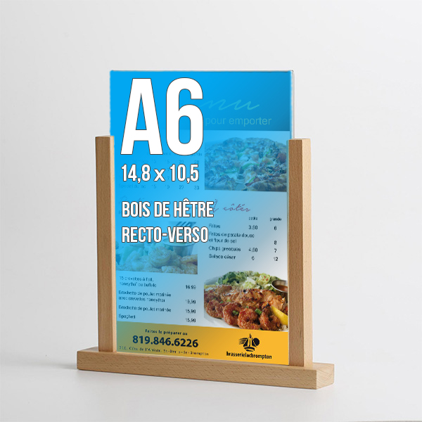 Porte-Visuel/Menu Socle Bois 2 Montants Plexi A6 148x105