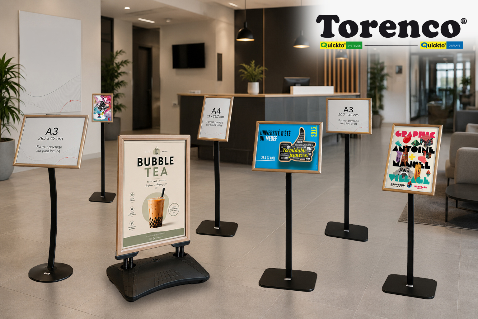 Nouvelles gammes et nouveaux coloris chez Torenco : la finition bois clair s'invite sur les stop-trottoirs et porte-messages Cadro-Clic