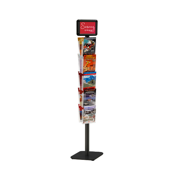 Porte brochure cristal double-faces sur pied NOIR - 10 cases A5