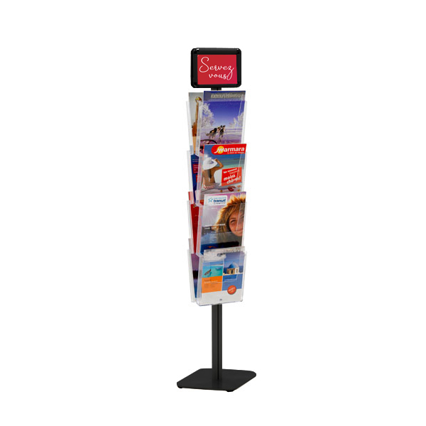 Porte brochure cristal double-faces sur pied NOIR - 8 cases A4