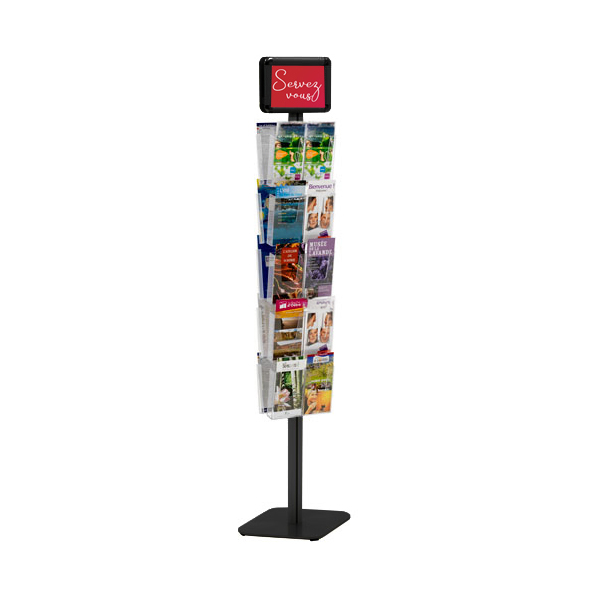Porte brochure cristal double-faces sur pied NOIR - 20 cases 1/3 A4